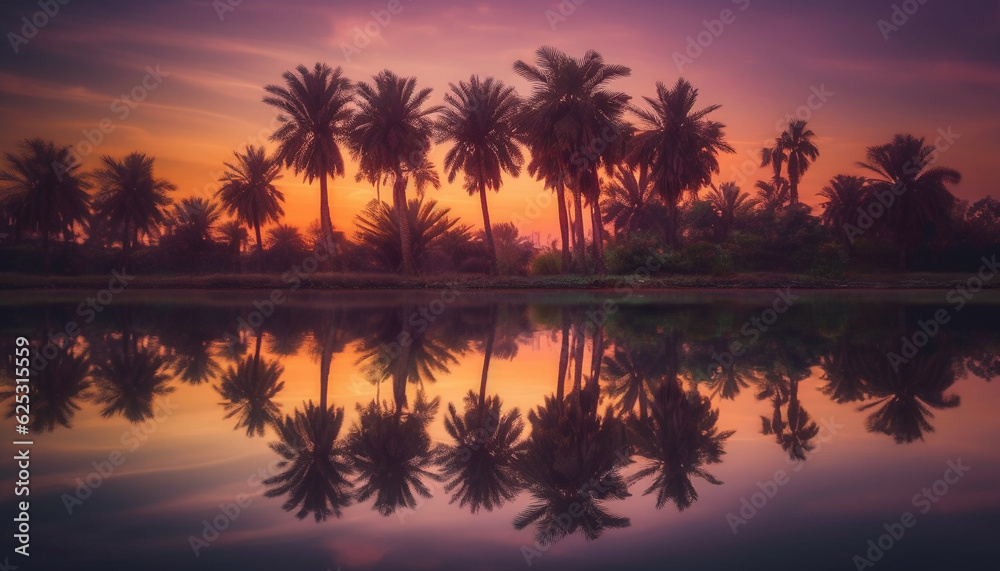 Silhouette of palm tree against multi colored sunset reflection on water generated by AI