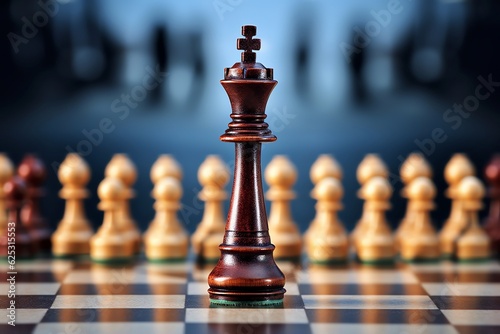 chess pieces on the board, King chess piece looking across to a line of pawns