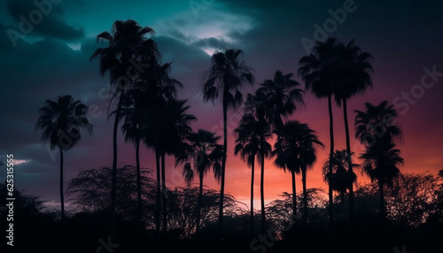 Vibrant sunset silhouettes palm tree in tranquil Caribbean seascape generated by AI © djvstock