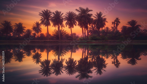 Silhouette of palm tree against multi colored sunset reflection on water generated by AI © djvstock
