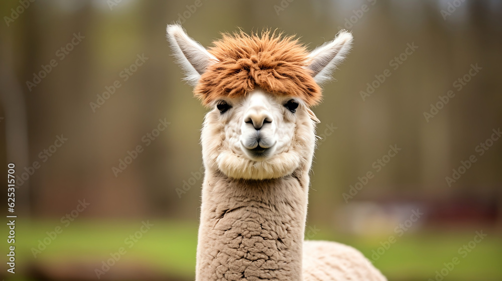 Alpaca head face portrait blurred background in the zoo - Generative AI