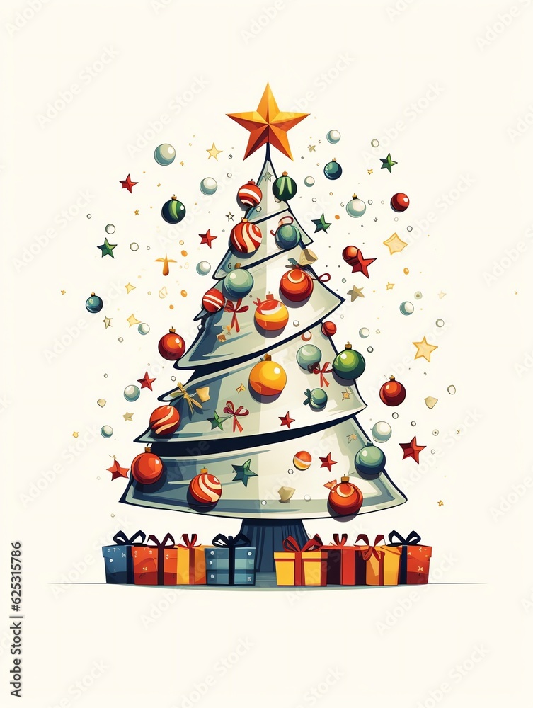 Illustrated Christmas tree with gift boxes, holiday card