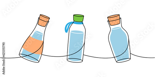 Set of glass bottles one line colored continuous drawing. Empty glass bottles continuous one line illustration. Vector linear illustration.
