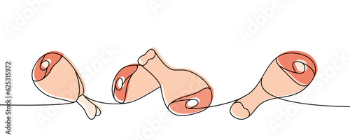 Chicken drumstick set one line colored continuous drawing. Chicken meat continuous one line illustration. Vector minimalist linear illustration.