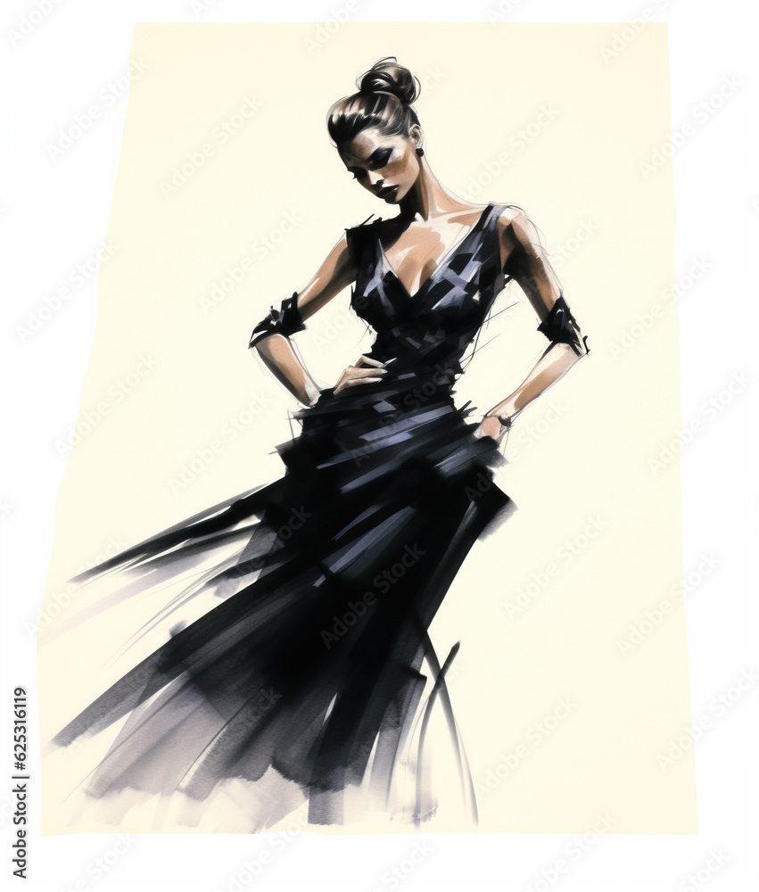 Beautiful fashionable young woman in black evening dress, fashion sketch illustration style

