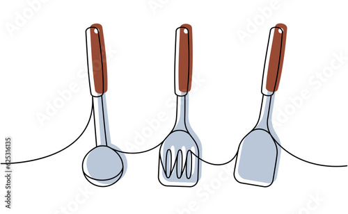 Kitchen utensils one line colored continuous drawing. Kitchen spatula, ladle continuous one line illustration.