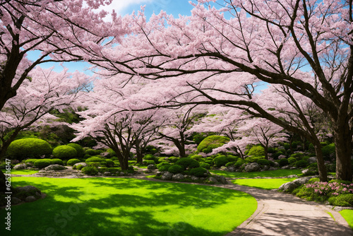 Sakura blossoms in japanese style ornamental garden  beautiful landscape. Generative AI.