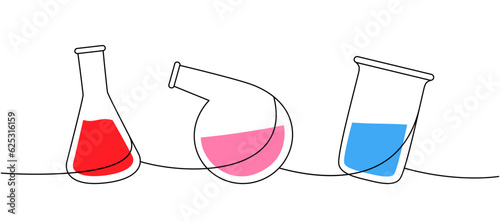 Laboratory glass equipment one line colored continuous drawing. Conical flask, retort glass flask, glass beaker continuous one line illustration.