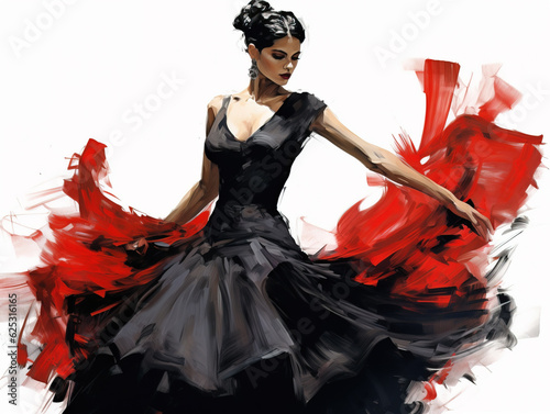 Beautiful and passionate woman in dress dancing flamenco, sketch illustration style