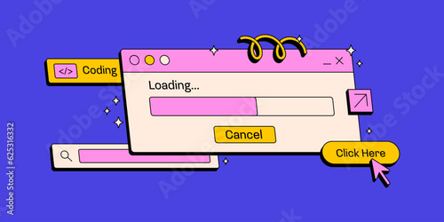 Loading and search window. User interface in retro neobrutalism style. Elements for UI UX design. Naive playful shapes. Vector illustrations.