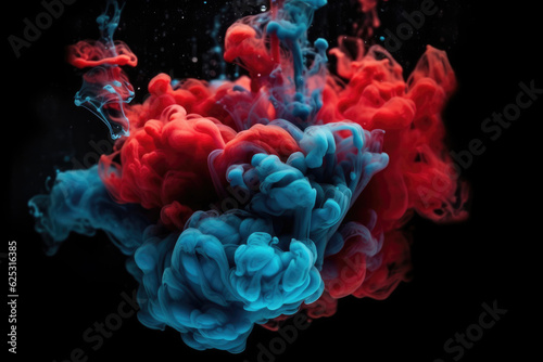 Acrylic blue and red colors in water. Ink blot. Abstract black background. 