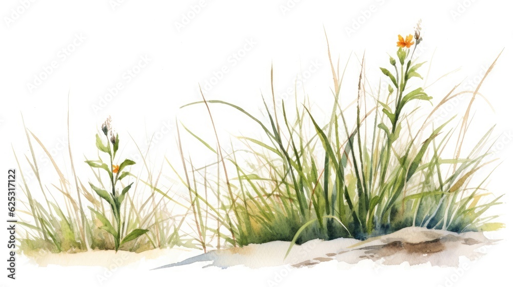 Fototapeta premium Meadow wild grasses and flowers close-up watercolor illustration on a white background.