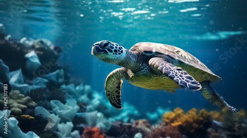 Sea turtles and plastic waste in the ocean. water pollution concept