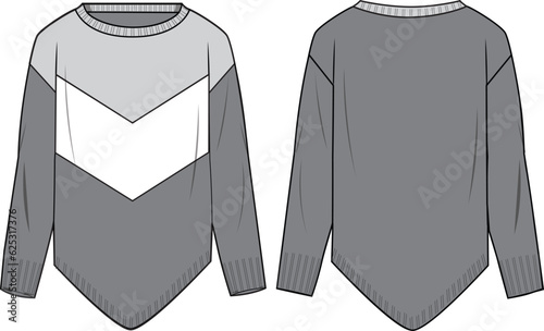 Women's Dippy Hem Chevron Colour-block Sweater- Technical fashion illustration. Front and back, grey color. Women's CAD mock-up.