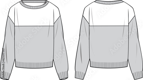 Women's Colour-block Sweater- Technical fashion illustration. Front and back, grey and white. Women's CAD mock-up.
