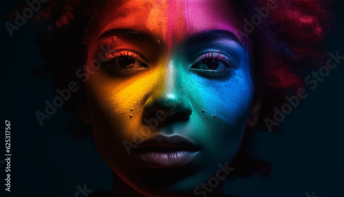 One young woman beauty illuminated in abstract, multi colored fantasy generated by AI © djvstock