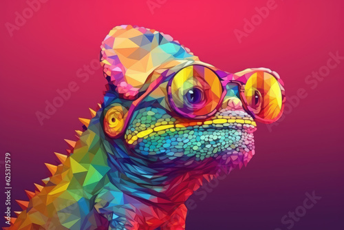 Chameleon wearing sunglasses on a solid color background, vector art, digital art, faceted, minimal, abstract, panorama background.