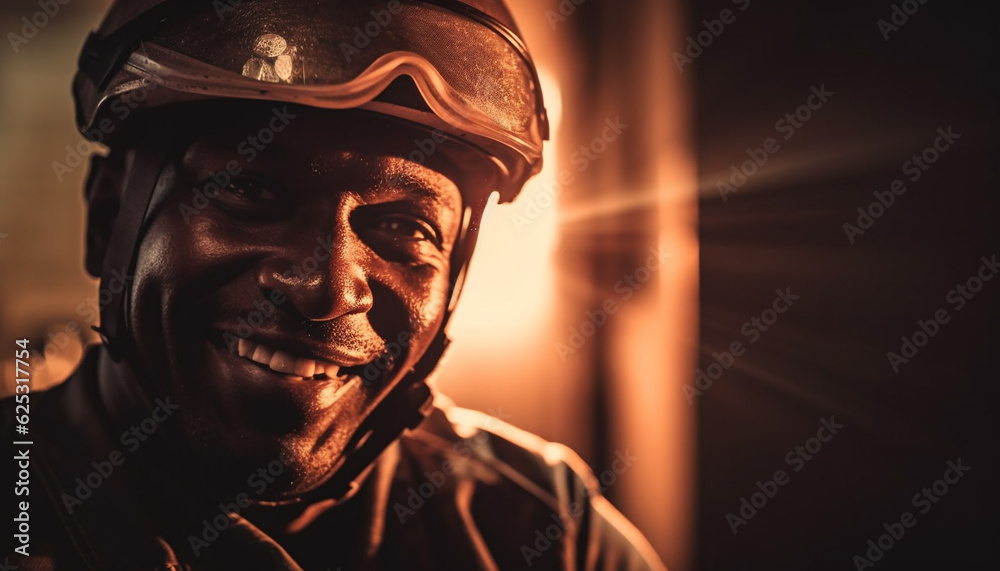 Confident engineer working outdoors with protective eyewear and hardhat generated by AI