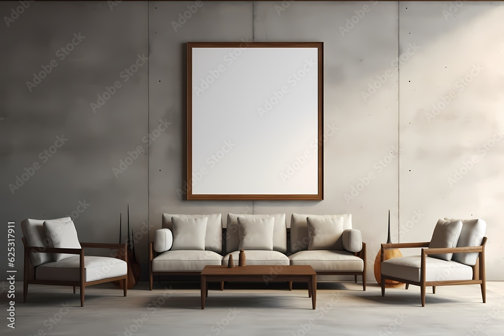 Empty illustration picture frame mock-up on a wall, 3d interior design Empty illustration picture frame mock-up on a wall, 3d interior design