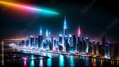 Photo of a vibrant city skyline illuminated at night