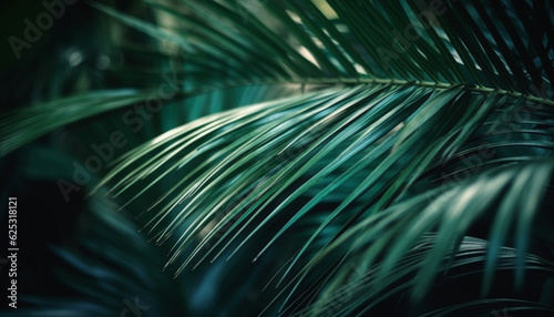 Fresh green palm frond in abstract pattern, tropical vacation backdrop generated by AI