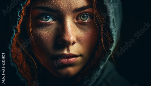 Young woman in hooded shirt looking serious, beauty in mystery generated by AI