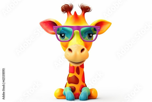 Cartoon colorful giraffe with sunglasses on white background. 