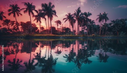 Tranquil summer sunset, palm trees reflect in blue seascape beauty generated by AI © djvstock