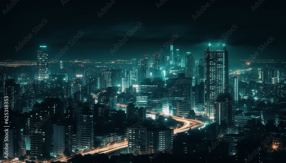 Glowing skyscrapers illuminate the modern city skyline at dusk generated by AI