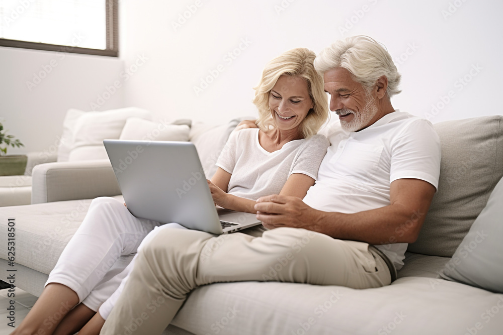 Happy mature couple using laptop on sofa. High quality photo