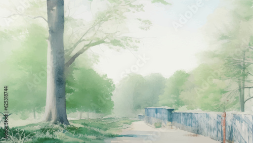霧に包まれる公園の水彩イラスト Generative AI