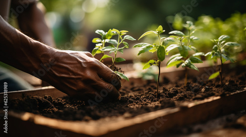 Planting small sprouts in soil on field. Closeup of planting, growing and taking care of nature. Teamwork and family working in garden Generative AI