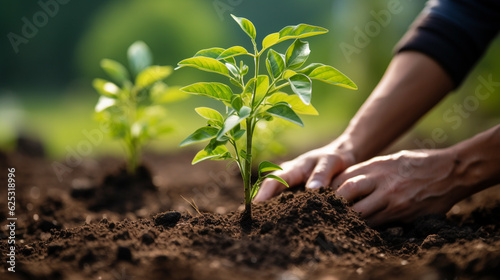 Planting small sprouts in soil on field. Closeup of planting, growing and taking care of nature. Teamwork and family working in garden Generative AI