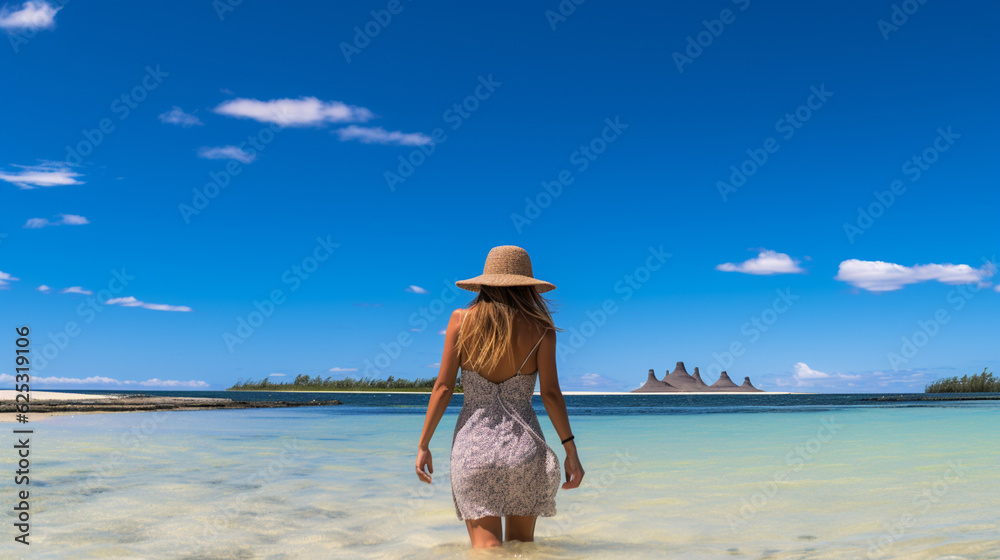 A young girl standing in shallow water on La Digue island, Seychelles Generative AI