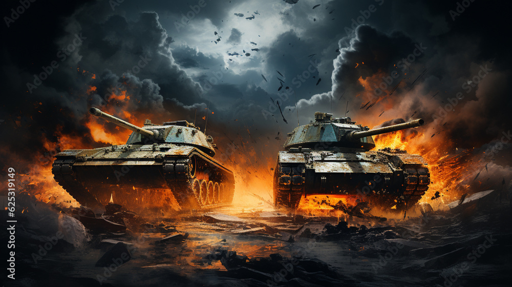 Two tanks in the conflict zone. The war in the countryside Generative AI