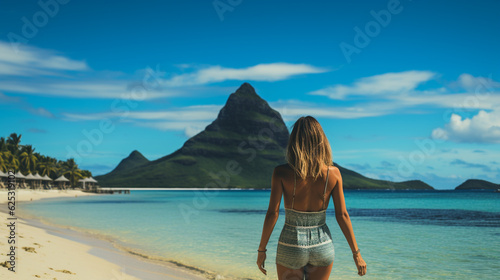 A young girl standing in shallow water on La Digue island, Seychelles Generative AI