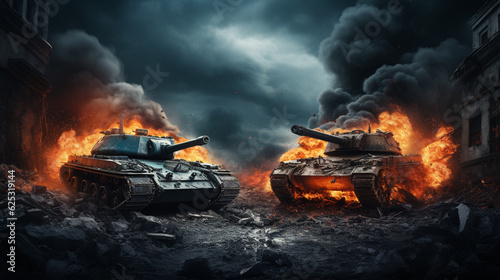 Two tanks in the conflict zone. The war in the countryside Generative AI © Nataliia