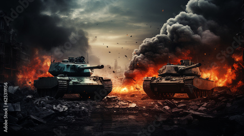 Two tanks in the conflict zone. The war in the countryside Generative AI