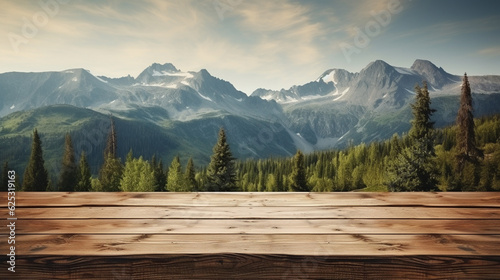 Outdoor wooden table on blur natural mountain landscape background. Flawless Generative AI