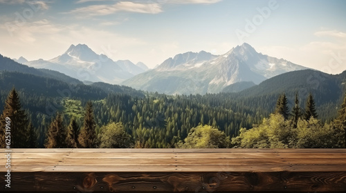 Outdoor wooden table on blur natural mountain landscape background. Flawless Generative AI