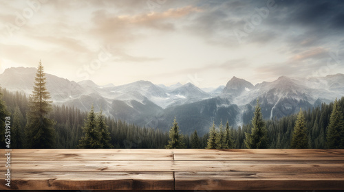 Outdoor wooden table on blur natural mountain landscape background. Flawless Generative AI
