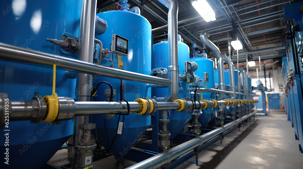 A row of blue tanks in a building. Generative AI. Industrial boiler room and water factory. A row of blue tanks in a building. Generative AI. Industrial boiler room and water factory.