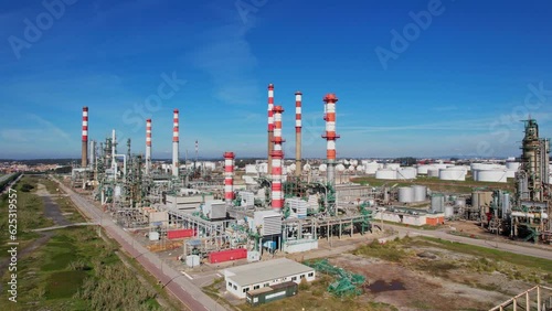  Aerial view of the oil terminal is an industrial facility for the storage of oil and petrochemical. oil manufacturing products. power electric plant.