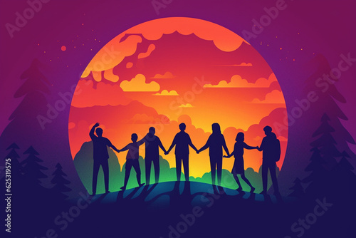 Concept of father and son camping. Summer travel with a child. Silhouette of people on the sun background. Spring family picnic trip. Nature  mountains  hills and sunset. Generative AI