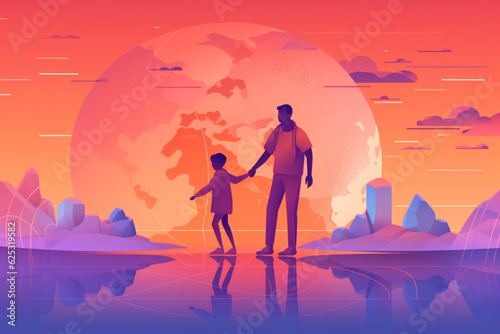 Concept of father and son camping. Summer travel with a child. Silhouette of people on the sun background. Spring family picnic trip. Nature, mountains, hills and sunset. Generative AI