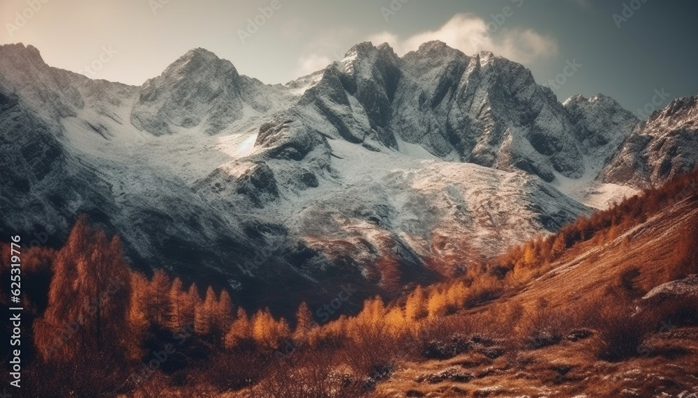Majestic mountain range, snow capped peaks, tranquil meadow, autumn foliage generated by AI