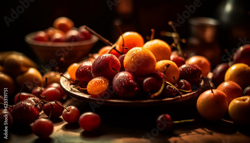 Rustic bowl of fresh organic fruit and vegetables, juicy and sweet generated by AI