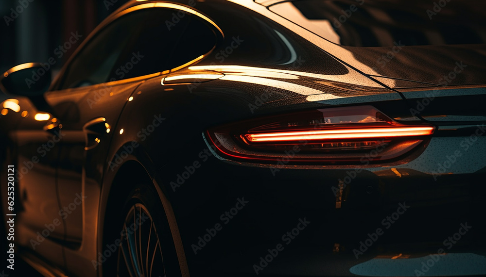 Shiny sports car illuminated by bright headlights speeds through city generated by AI