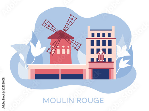 Moulin Rouge, France Traveling to France, learning French. Landmarks of France. Flat design, vector illustration.