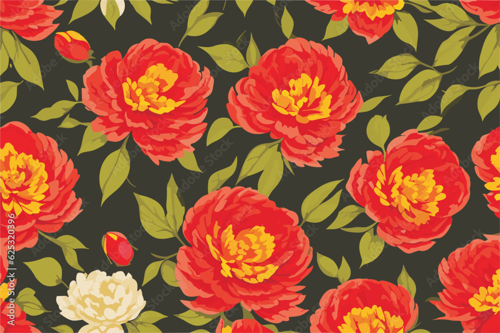 Vector seamless pattern with yellow and red flowers
and small peony buds, green leaves. 
Floral background for women's clothing, 
fabric, textile, paper, notepad, card.